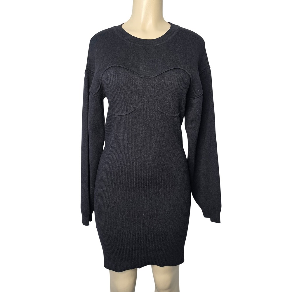 MNG Sweater Dress Women 6 Black Bustier Seam Ribbed Knit Long Sleeve Crew Neck